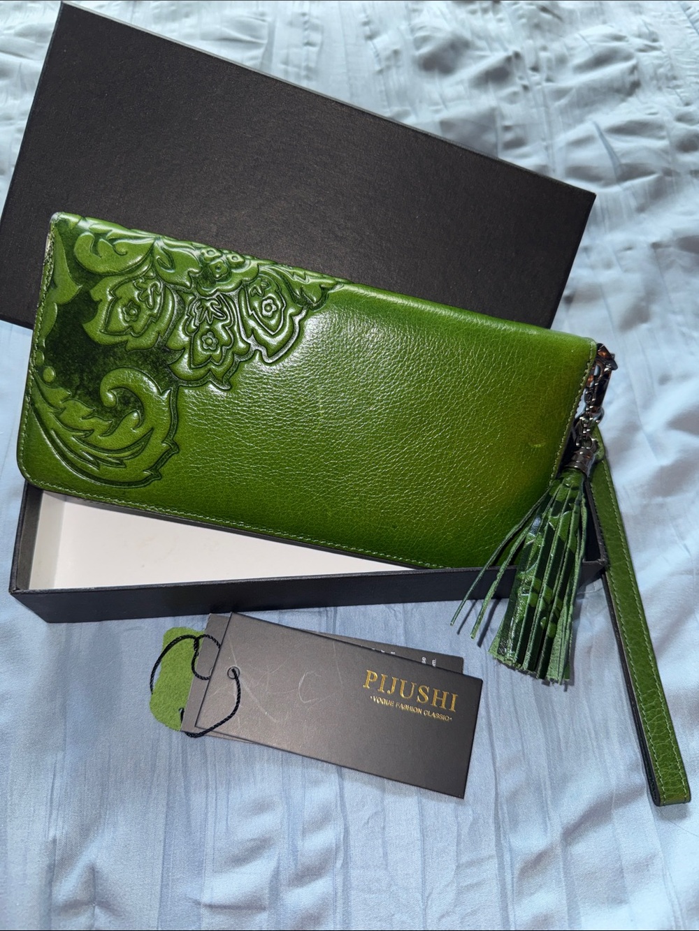 Pijushi Green Embossed Genuine Leather Wristlet Wallet